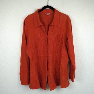 Parsley & Sage Rust Orange Embroidered Button Down Blouse Boho Western Long Slee